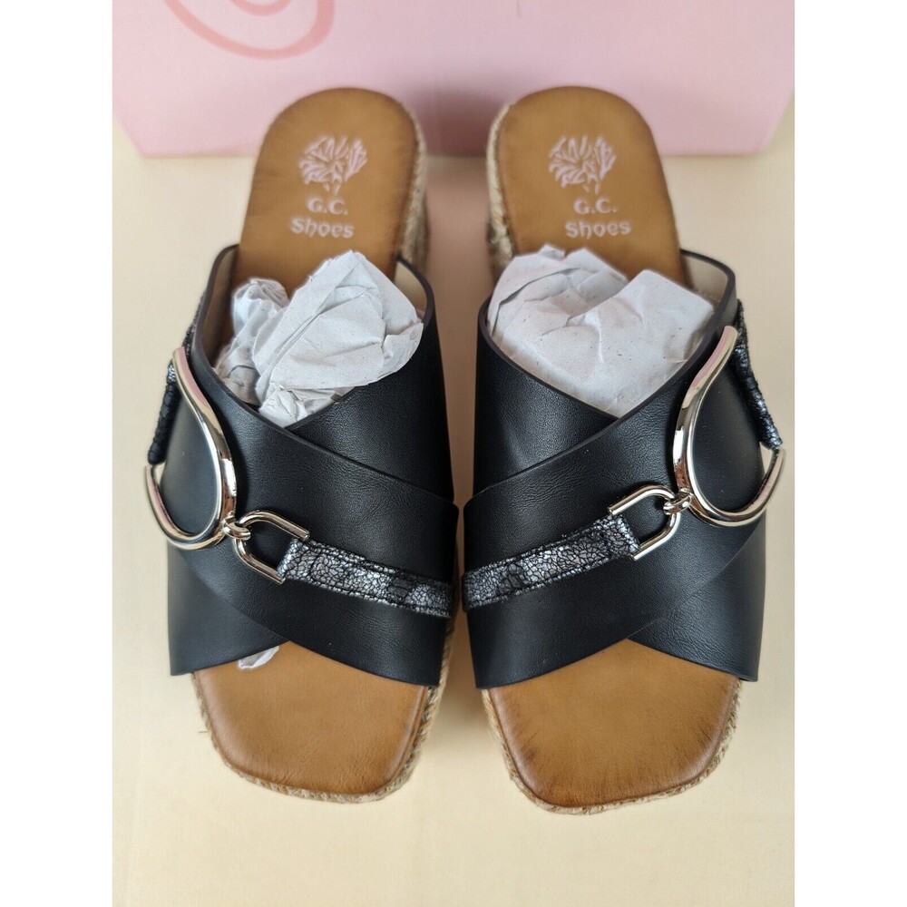 GC Shoes Lindsey Espadrille Wedge Sandals Womens 6 M Black Buckle Strap NWB - Picture 7 of 13